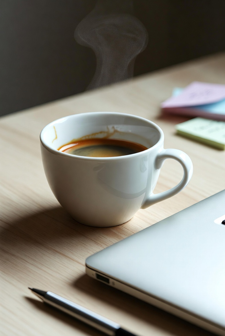 Coffee-stained desk setup — steam still rising